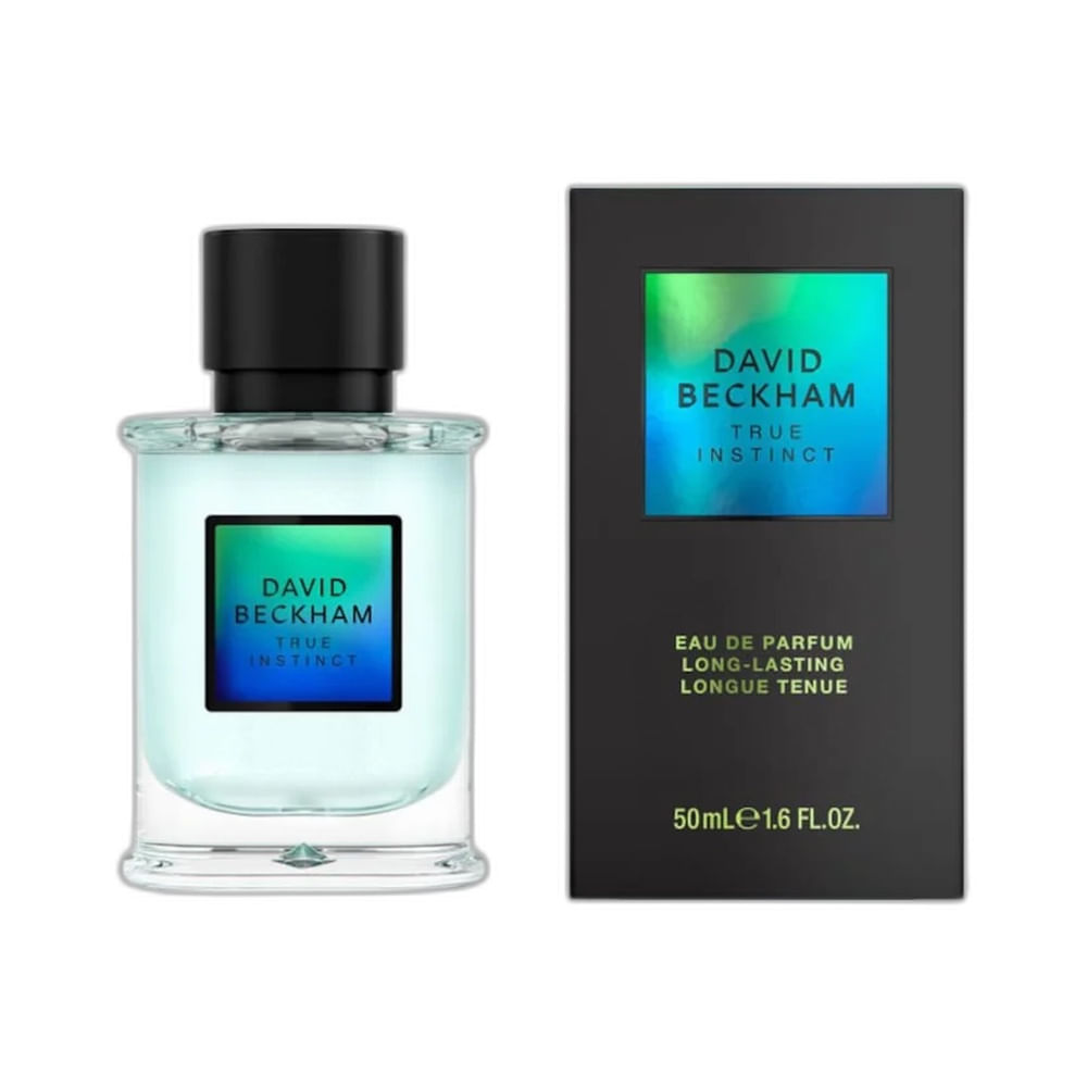 Frasco de vidro do Perfume David Beckham True Instinct com rótulo azul e verde.